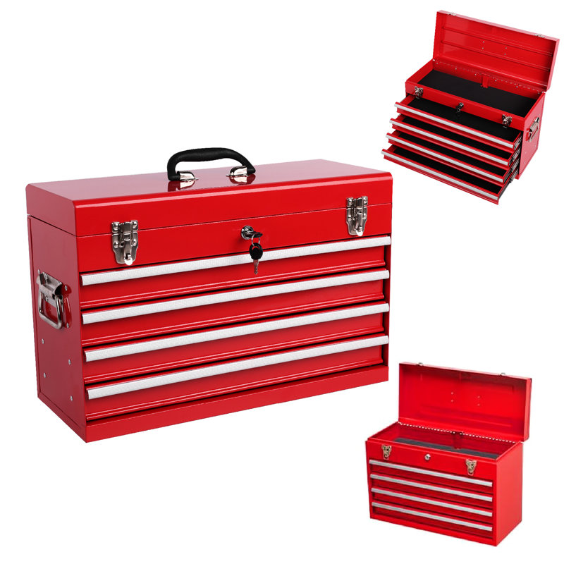 Boîte à outils en acier robuste de 21 pouces, rouge, 4 tiroirs avec doublures, verrouillage automatique et coffre de transport facile à utiliser