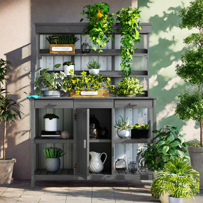 Large Outdoor Farmhouse Wooden Potting Bench Table With 2 Drawers, A Cabinet And Open Shelves