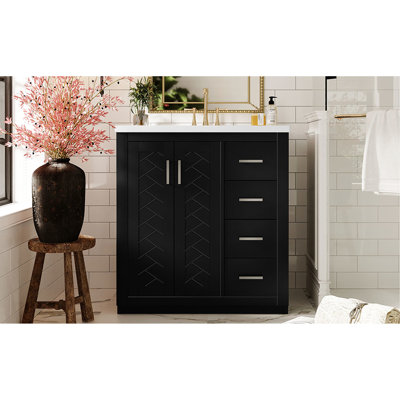 Meuble-lavabo de 30 po avec cadre en bois massif, planches, glissière à tiroir lisse, style rétro, 3 tiroirs, facile à assembler, option de rangement dissimulé pour les articles de toilette essentiels