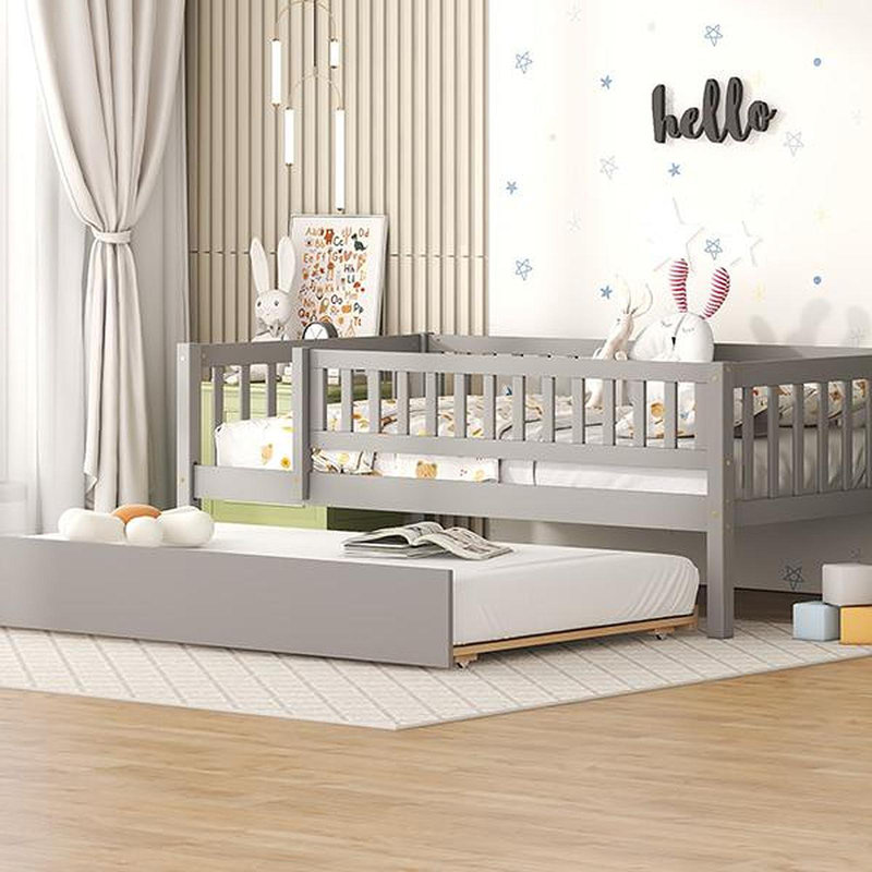 Lit de jour simple en bois avec couchette et barrière de sécurité, gris, Gris