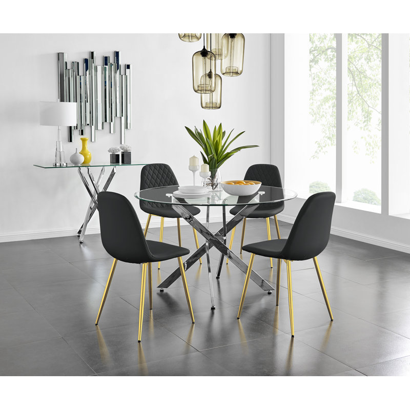 Tierra Chrome Metal and Glass Round Dining Table Set with 4 Faux Leather Upholstered Dining Chairs, Black, Gold