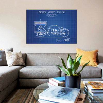 « william s. harley, esquisse brevetée à trois roues », reproduction d’impression sur toile dans une grille bleue