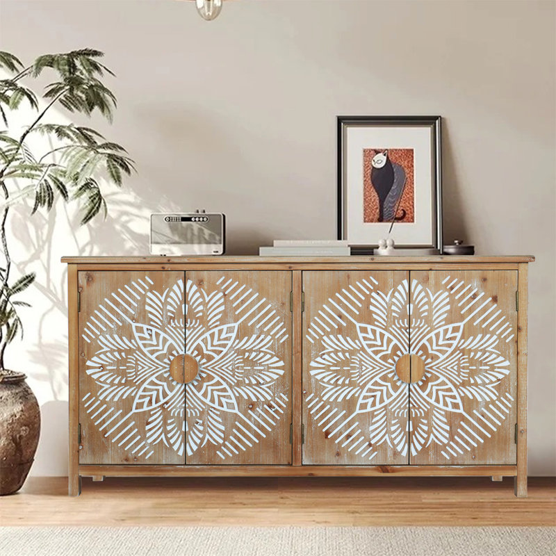 60-Inch Wood Accent Cabinet with 4 Doors, Antique White and Brown, Versatile Storage for Modern Homes