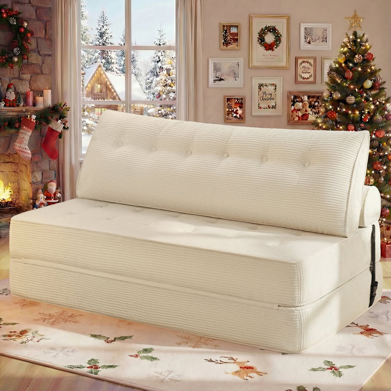 Boneless Folding Sofa Bed, 3-in-1 Convertible Corduroy Sleeper Sofa, 33.2" H x 59.06" W x 31.5" D, 2, White