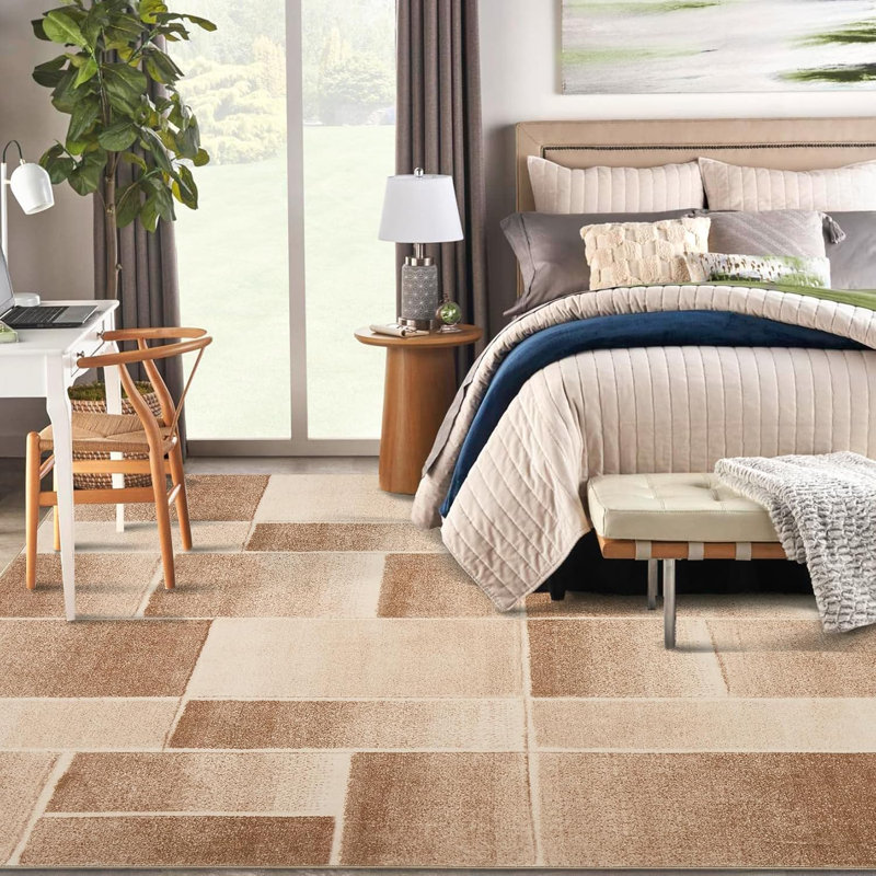 Tapis géométrique moderne en patchwork de 274 x 366 cm, lavable, kaki, antidérapant