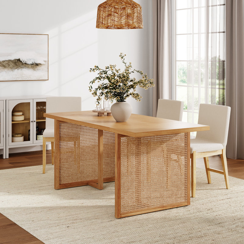 Boho Dining Table For 6 With Rattan Accent, Warm Pine