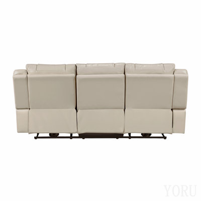 Canapé inclinable électrique de luxe beige avec porte-gobelets, chargeur sans fil, éclairage DEL et ports de chargement. Meuble haut de gamme en similicuir. Sofa trois places.