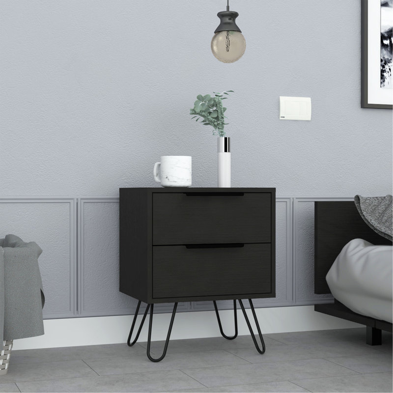 Augusta 2 Nightstand , End Table, Side Table Four Legs, Two Drawers -Black, Black