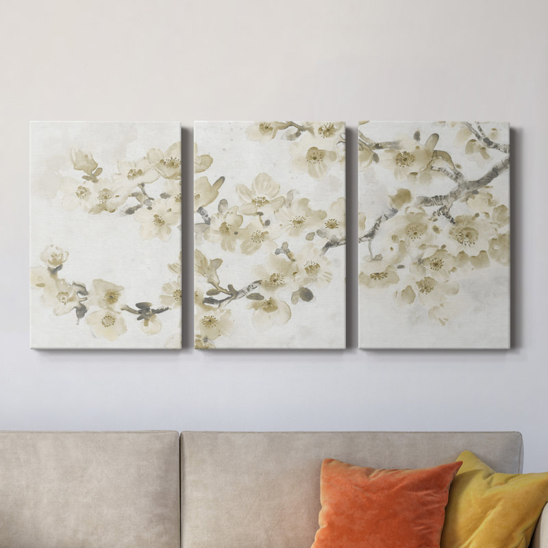Composition neutre de cerisier en fleurs I - Toile tendue avec châssis de qualité supérieure - prête à être accrochée