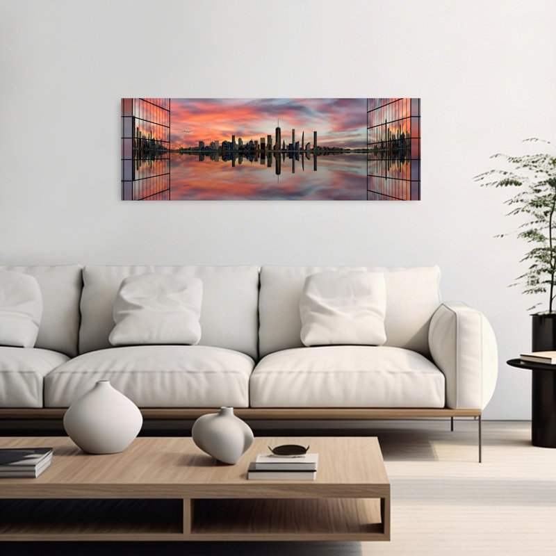 «Dramatic City Sky Reflection Colorful Dramatic Modern Architecture City», art mural, H 16 po x l 48 po