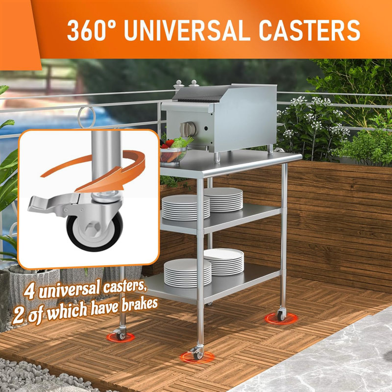 Table basse en acier inoxydable pour l'extérieur / restaurant, 24 x 36 pouces avec 2 tablettes réglables et roulettes, durable et facile à assembler