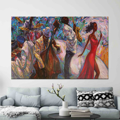 Reproduction imprimée sur toile de chanteur de jazz africain, décor de cercle moderne, toile noire encadrée 1P
