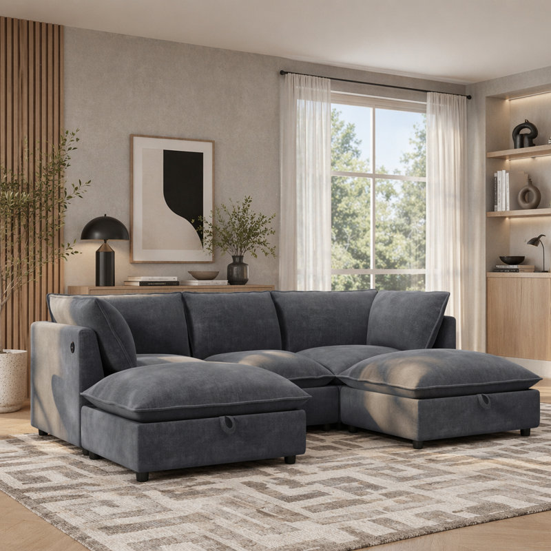 Canapé modulaire de 98 po en forme de U avec repose-pieds, table pliante, chargement USB et de type C, porte-gobelets, canapé en nuage en chenille
