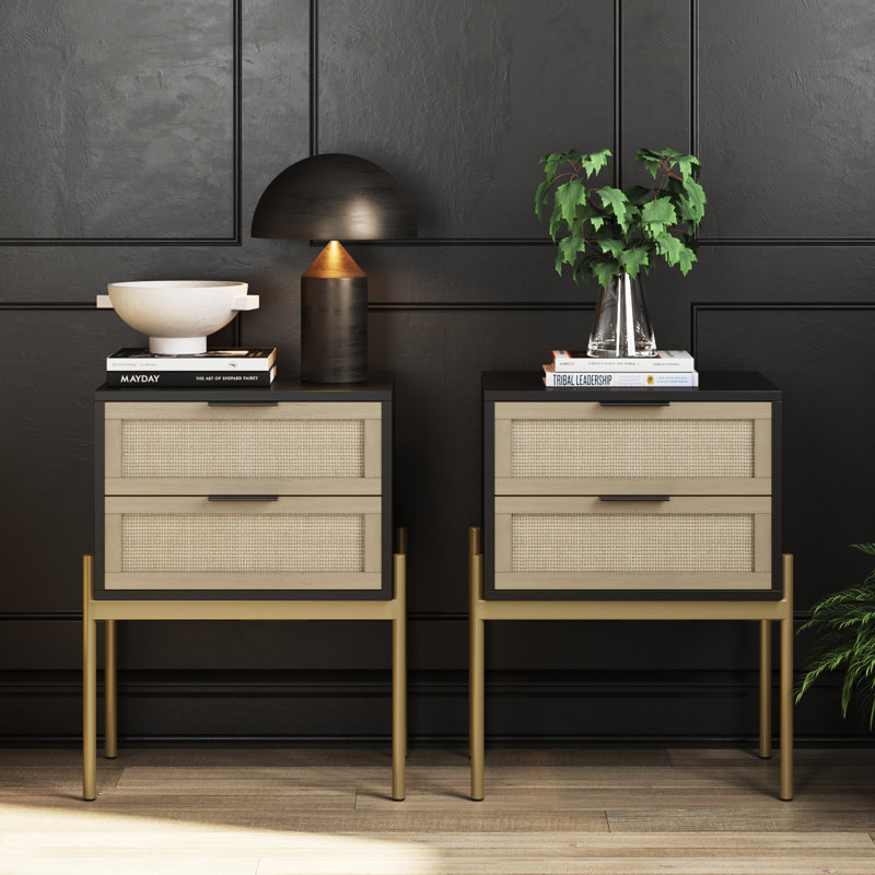 2-Piece End Table with Drawer Set, Black, Gold