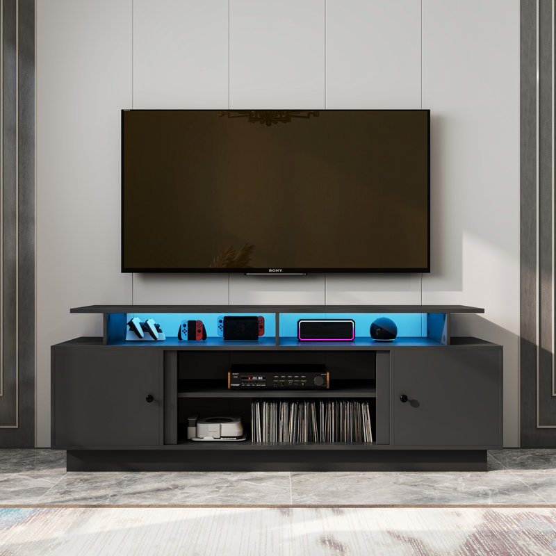 Modern 70"W TV Stand For TV Up to 80" With LED Light, Adjustable Shelves