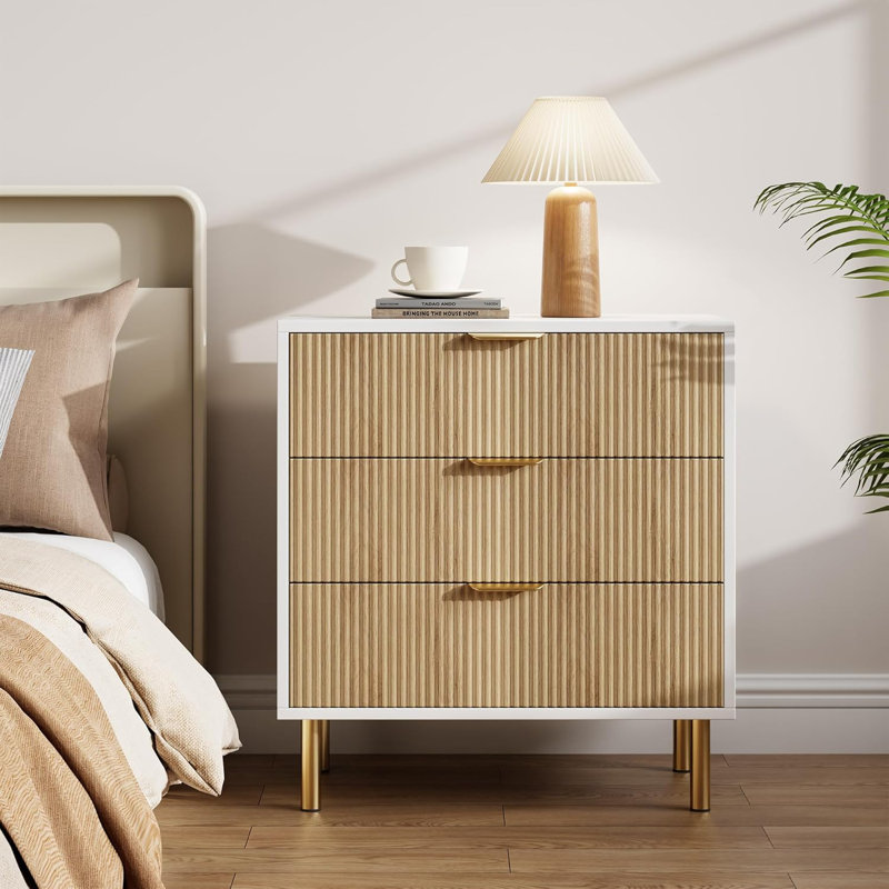 Commode 3 tiroirs Modern, Blanc / couleur bois