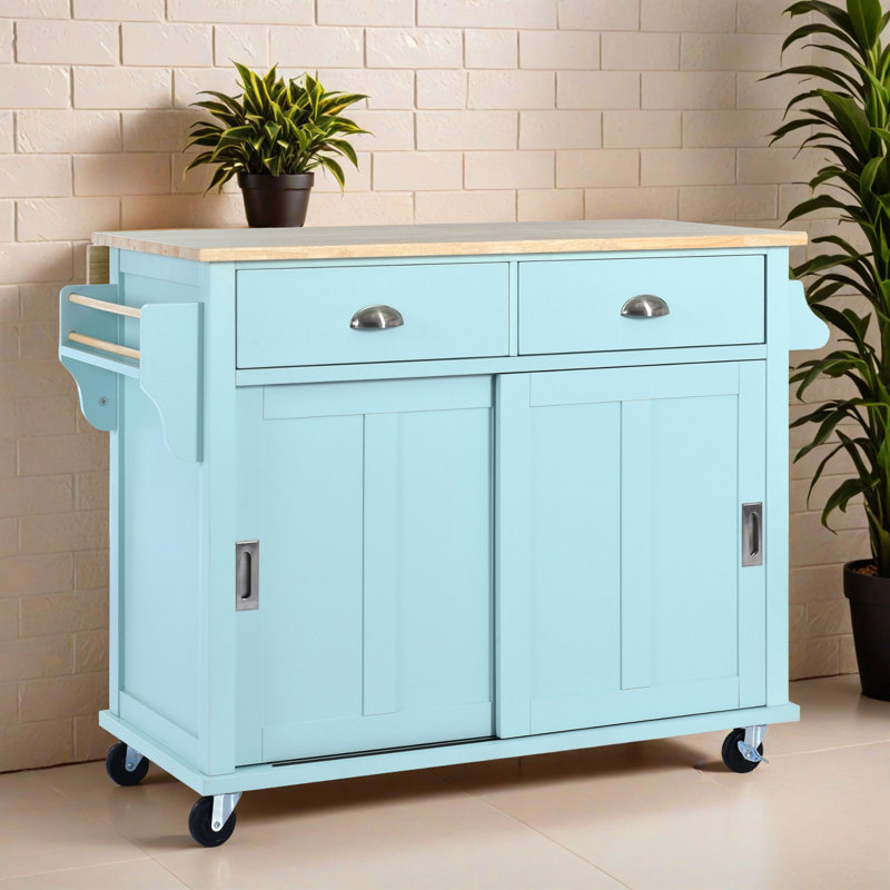 Îlot de cuisine mobile de 52,22 po avec plateau en bois massif, armoire de rangement et plateau rabattable, support à épices, porte-serviettes pour la cuisine, la salle à manger