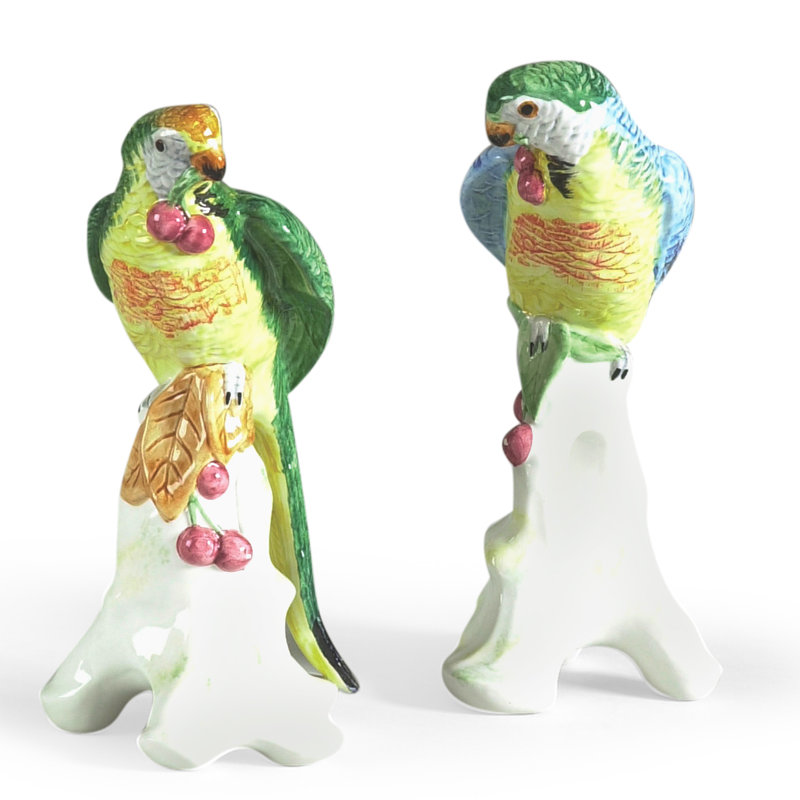 Hand-Painted Ceramic Parrot Figurines with Cherries Set