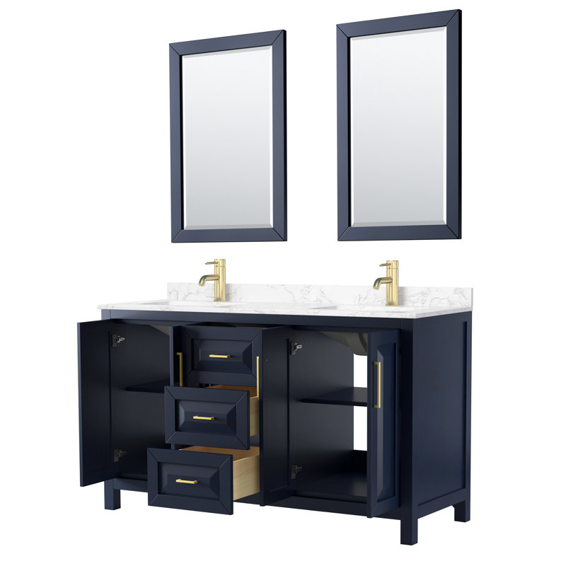 Daria 60'' W Double Vanity, Carrara Cultured Marble, Dark Blue, Brushed Gold
