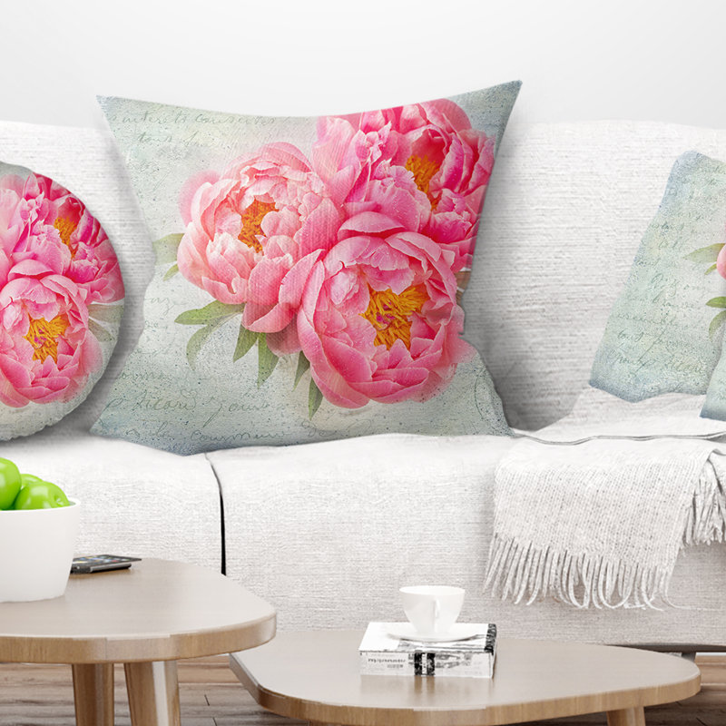 Coussin floral fleurs pivoine, 18 po x 18 po, Coussin décoratif