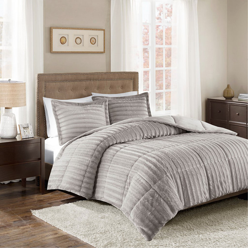 Mini ensemble d'édredon en fausse fourrure, Édredon très grand + 2 taies décoratives, Gris