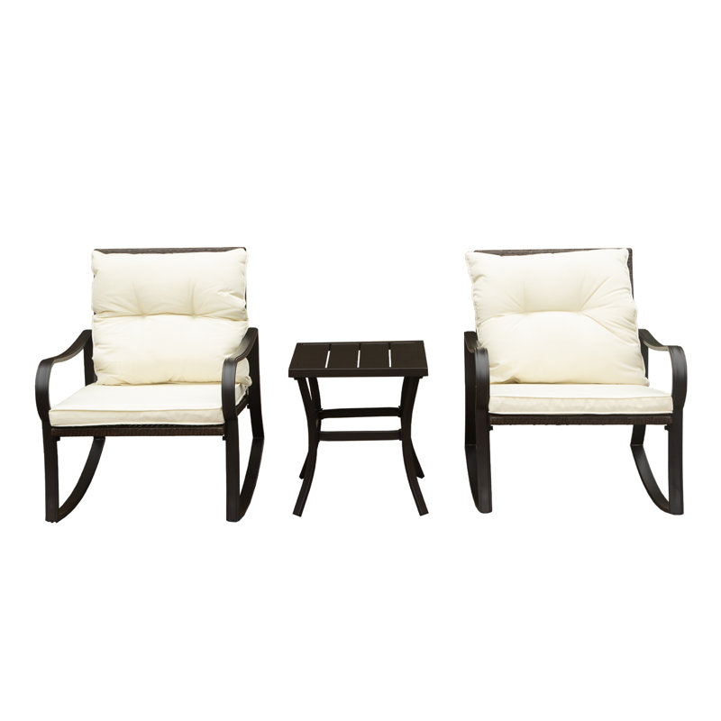 Metal 2-Person Outdoor Patio Rocking Seating Group with Cushions - All-Weather Wicker Conversation Set, Brown, White