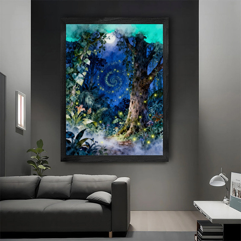 Art mural encadré noir forêt de lucioles fantaisiste, aquarelle bohème cadre magique, H 25 po x l 17 po