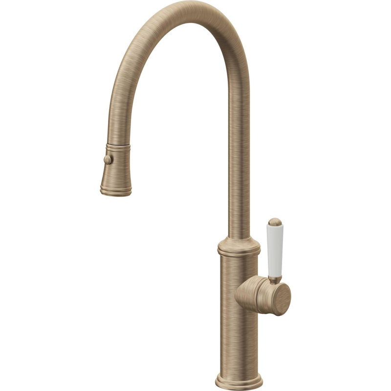 Davoli Pull-Down Kitchen Faucet with Button Sprayer - High Arc Spout, Antique Brass Flat