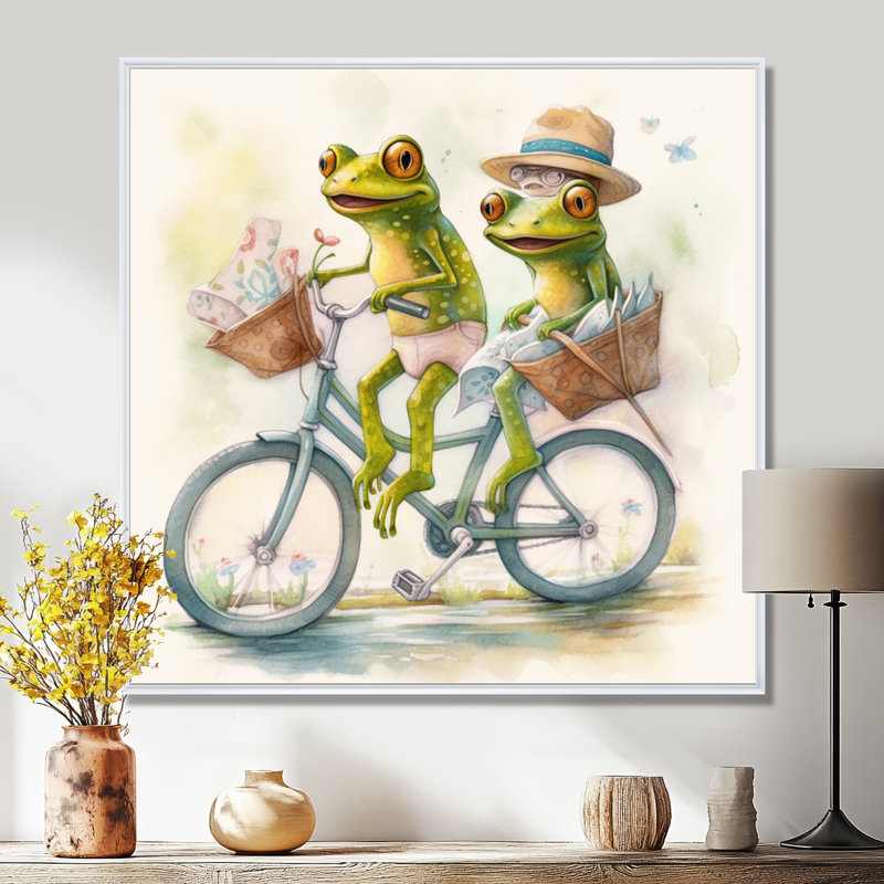 Grenouilles vertes chevauchant un vélo, H 24 po x l 24 po, Cadre flottant blanc