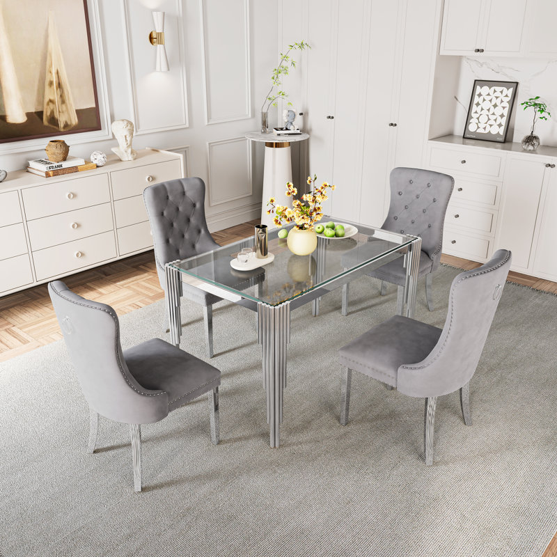 Rectangle Glass Dining Table With Tempered Glass Top & Stainless Steel Legs, 29.53" H x 51.18" L, Clear, Silver