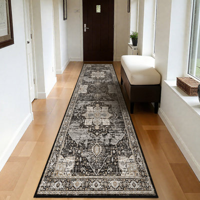 Hallway 3x10 Runner Rug - Washable Rugs with Non Slip Backing Thin Stain Resistant Carpet for Kitchen Living Room Bedroom Vintage Tribal Rugs for Floor Decoration Mat 3x10 Black