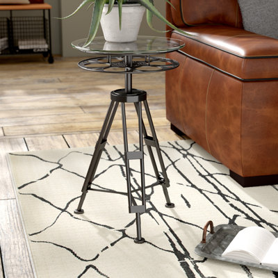 Simen Metal Film Reel Side End Black Accent Table with Tripod Legs and Glass Top by Williston Forge