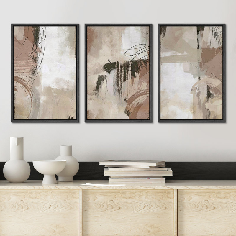 Pastel Watercolor Paint Strokes Abstract Neutral Art Decor Framed Canvas Print 3 Pieces Wall Art, Black Plastic