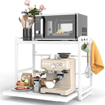 2-Tier Microwave Rack - Height Adjustable & Extendable Kitchen Shelf with Drawer - Carbon Steel - Includes Hooks & Reinforcement Suction Cups(White)