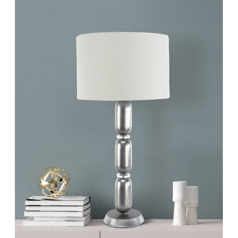 Modern Stacked Metal Table Lamp with Glass Accents and Linen Shade, Pewter