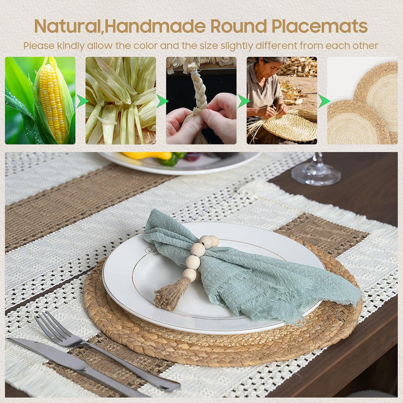 Ensemble de 6 napperons faits à la main Boho - Ensemble de napperons en jute de coton naturel et paille d'eau