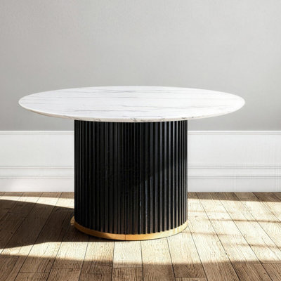 Round Faux Marble Dining Table With Fluted Base And Accents