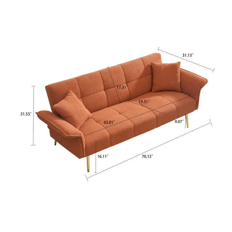 Modren Teddy Fabric Upholstered Convertible Futon Sofa Bed with Folding Armrests, Orange Teddy