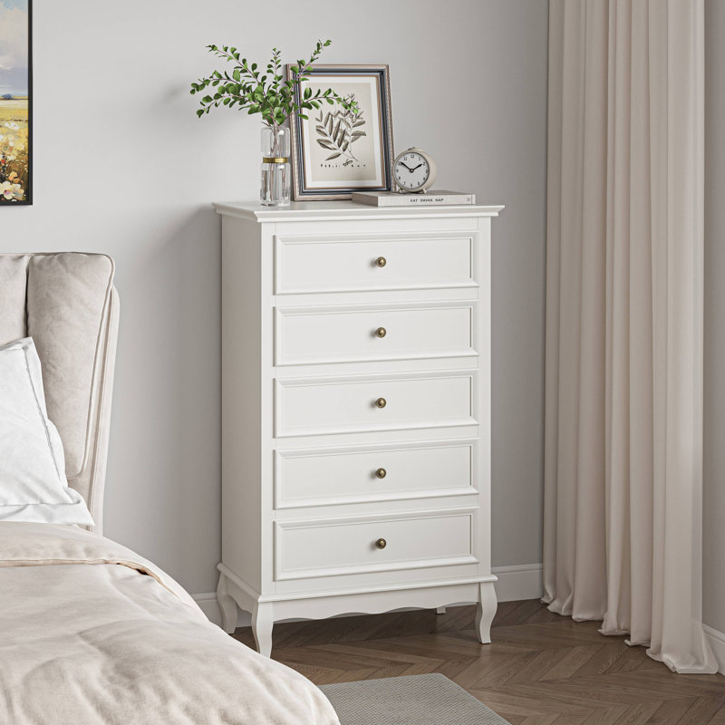 Commode 5 tiroirs pour chambre à coucher, armoire de rangement moderne avec pieds en bois massif