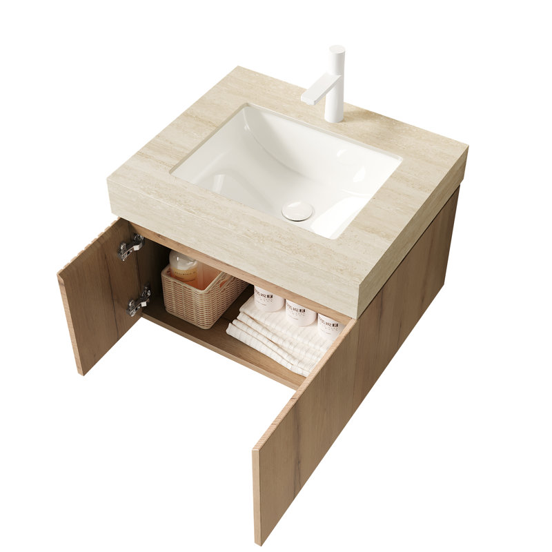 Meuble-lavabo et lavabo de luxe de 61 cm (24 po) pour salle de bain familiale moderne, meuble-lavabo suspendu de style milieu du siècle, meuble-lavabo en pierre frittée