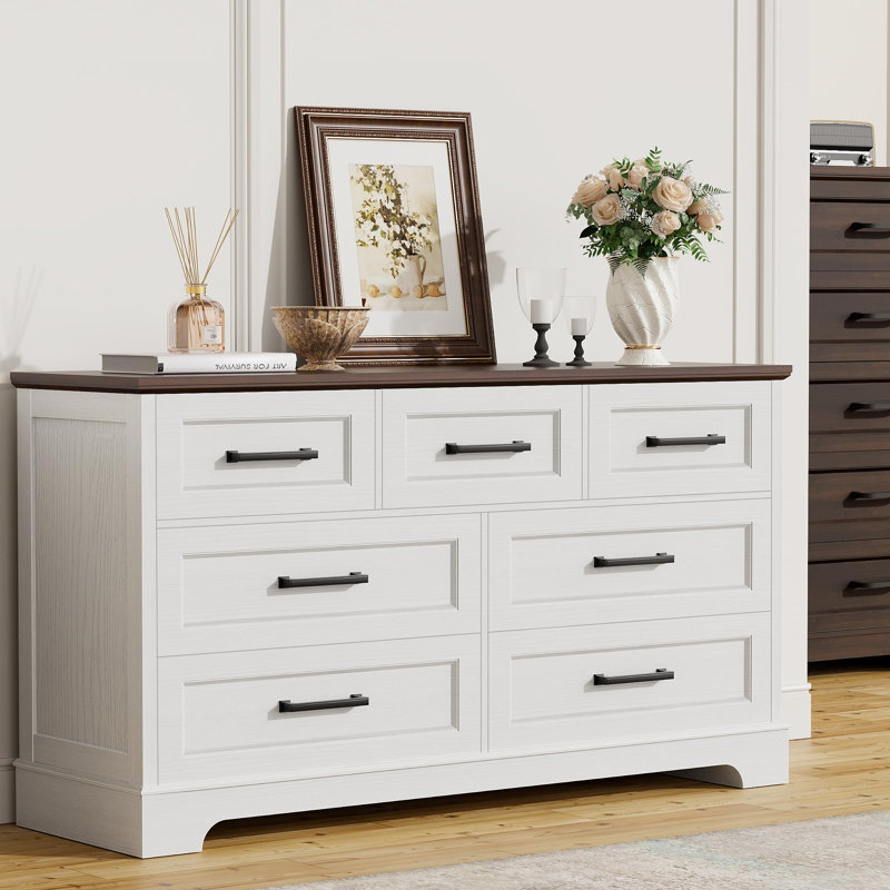 Commode 7 tiroirs, commode de ferme 54 po, Blanc / Brun