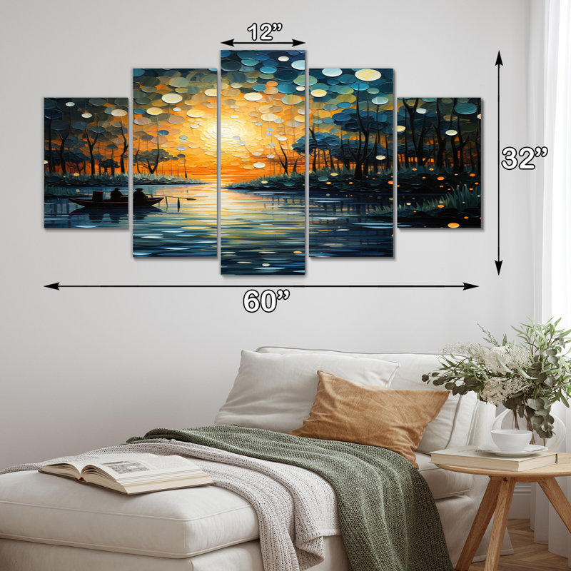 Pointillism River At Sunrise - art mural sur toile Pointillism - 5 panneaux