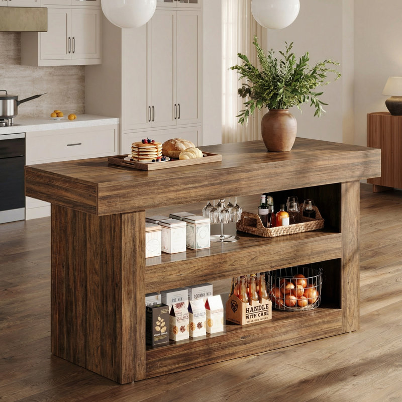 Îlot de cuisine de 55 po avec tablettes de rangement, îlot de cuisine à 3 niveaux avec grand comptoir, table basse pour la cuisine et la salle à manger