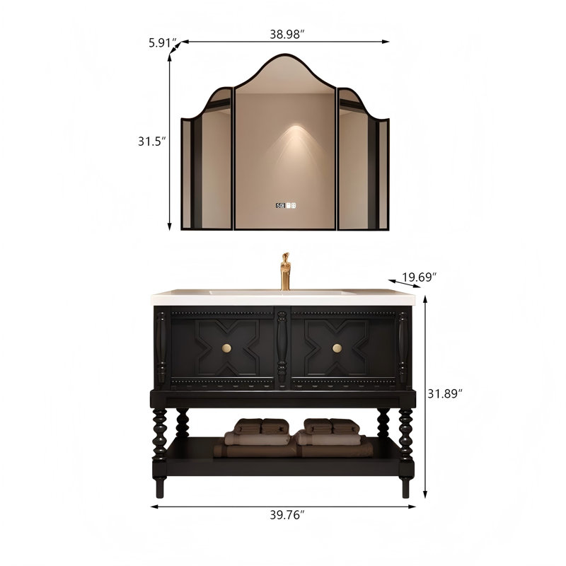 Meuble-lavabo sur pied 39,76 po en bois massif rétro avec miroir intelligent, 40"