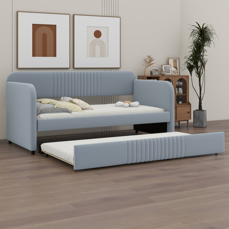 Upholstered Daybed Sofa Bed With Trundle Bed And Wood Slat, Gray