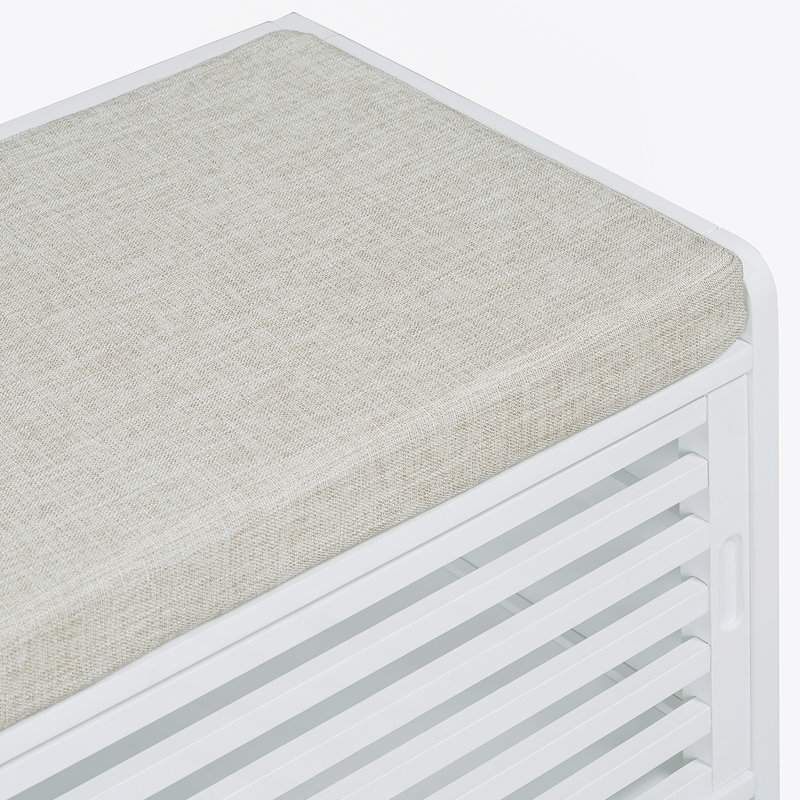 Distressed Shutter Storage Bench With Acacia Veneer For Retro Charm For Living Room, Entryway (White), White