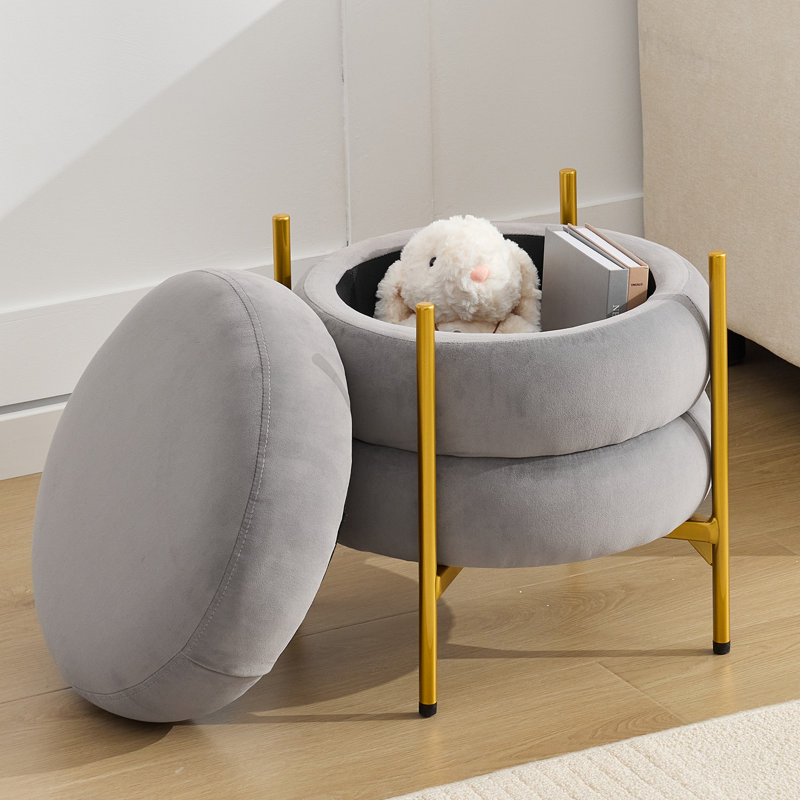 Tabouret de coiffeuse rond avec pieds en métal, Velours gris velours