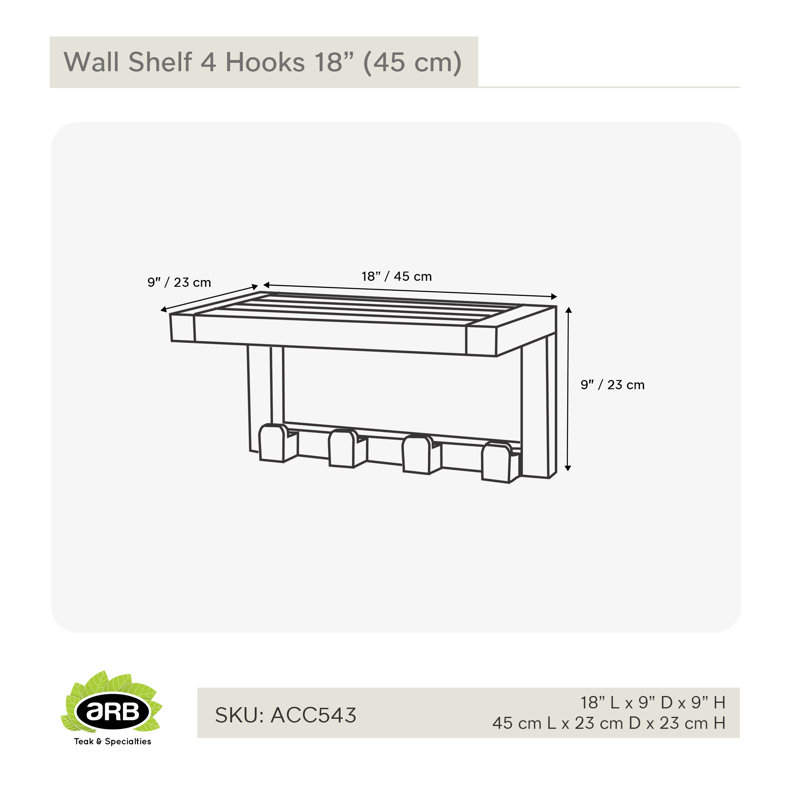 Teak Wood Brown Wall Shelf with 4 Hooks