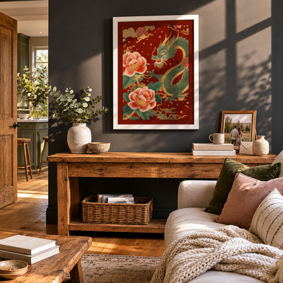 Dragon Among Peonies Japandi - Framed Print
