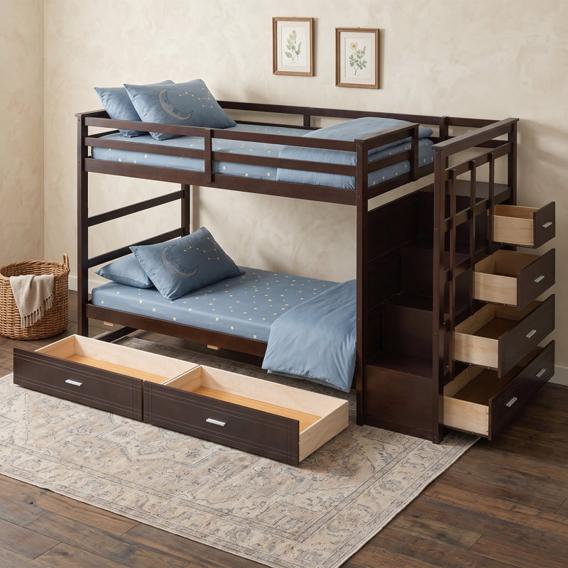 Lit superposé simple en bois 6 tiroirs avec escalier de rangement, Espresso